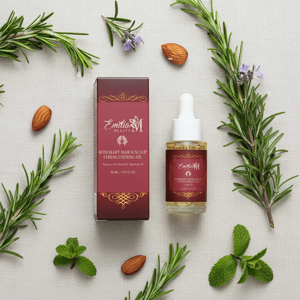 Emilia M Beauty Rosemary Hair & Scalp Strengthening Oil with fresh rosemary sprigs, almond and peppermint, 30ml