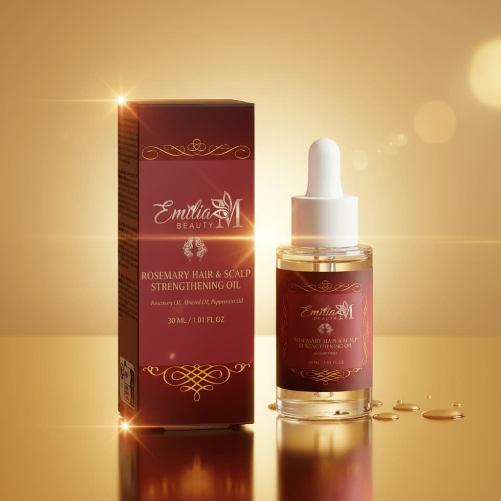 Emilia M Beauty Rosemary Hair & Scalp Strengthening Oil with warm golden amber lighting, premium hair oil 30ml