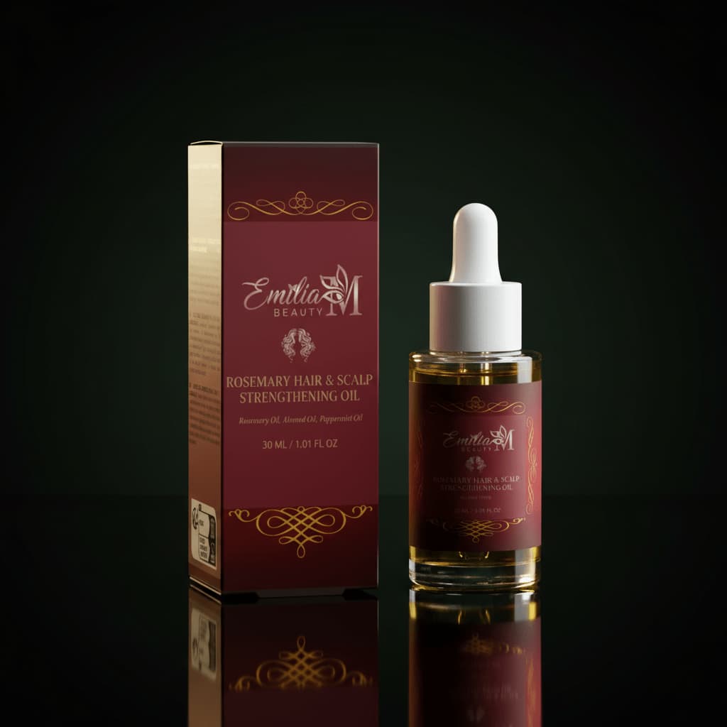 Emilia M Beauty Rosemary Hair & Scalp Strengthening Oil dramatic dark luxury background with gold lighting
