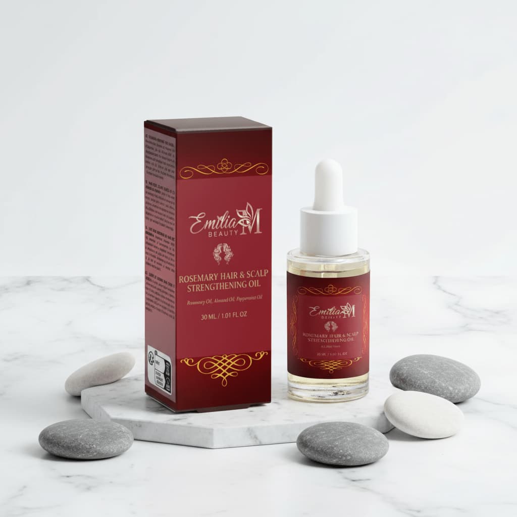 Emilia M Beauty Rosemary Hair & Scalp Strengthening Oil on white marble surface with spa stones, 30ml dropper bottle