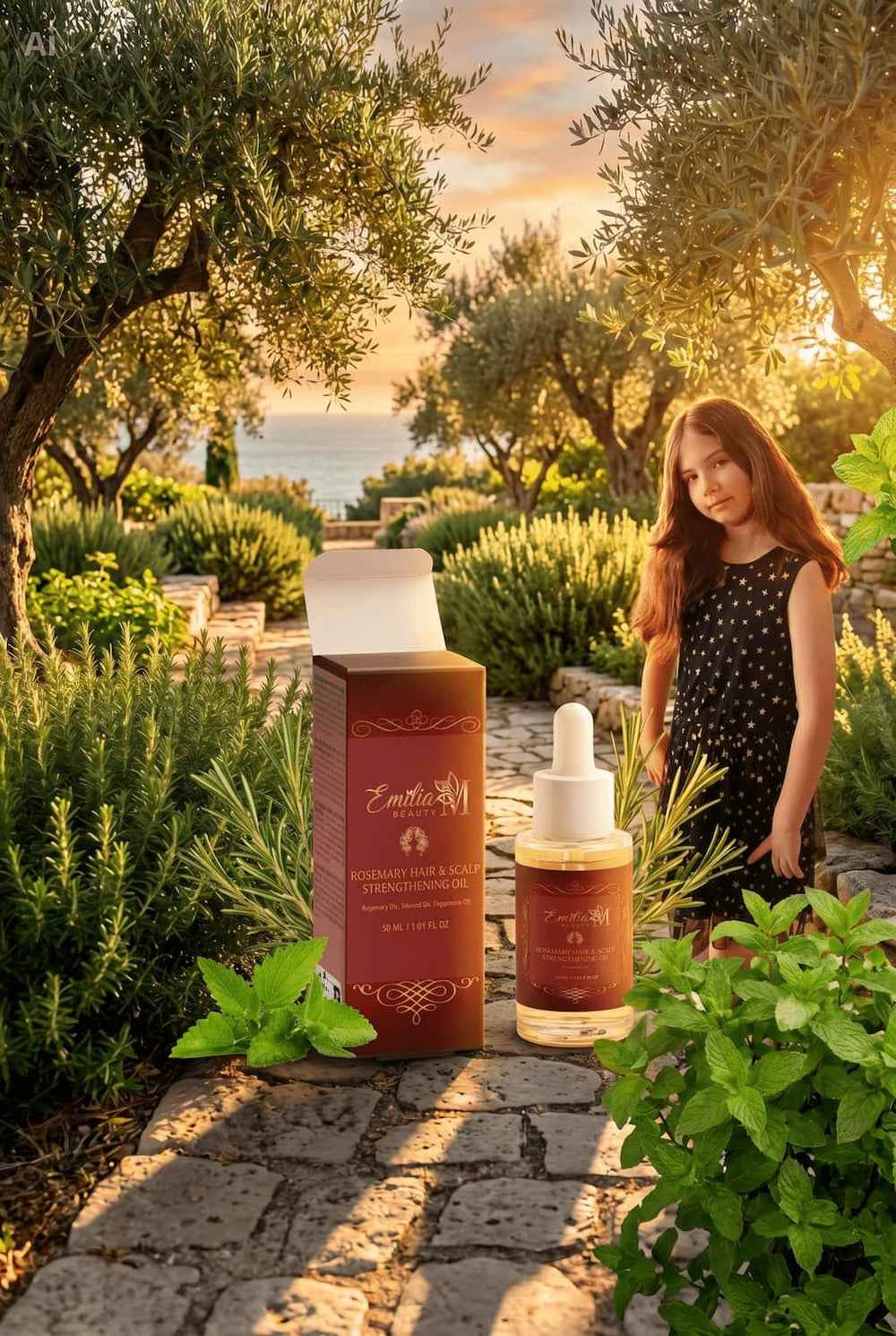 Emilia M Beauty Rosemary Hair & Scalp Strengthening Oil — burgundy dropper bottle and open box in Mediterranean herb garden at sunset