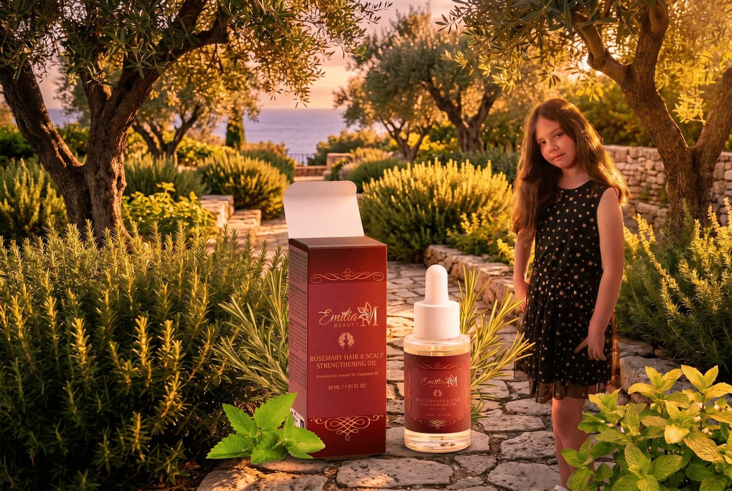 Emilia M Beauty Rosemary Hair & Scalp Strengthening Oil bottle and packaging surrounded by rosemary and mint in a sunlit garden