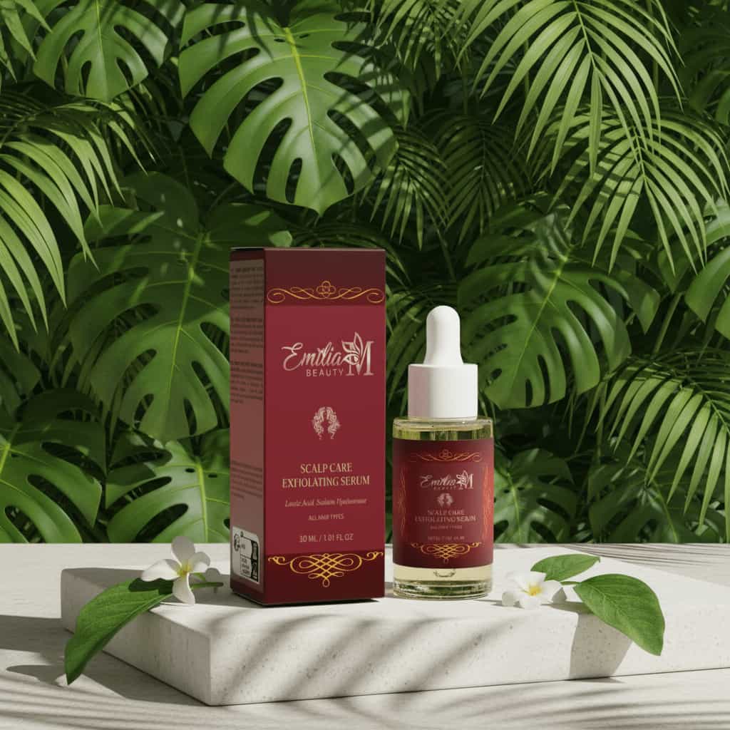 Emilia M Beauty Scalp Care Exfoliating Serum with Lactic Acid and Sodium Hyaluronate surrounded by tropical green leaves