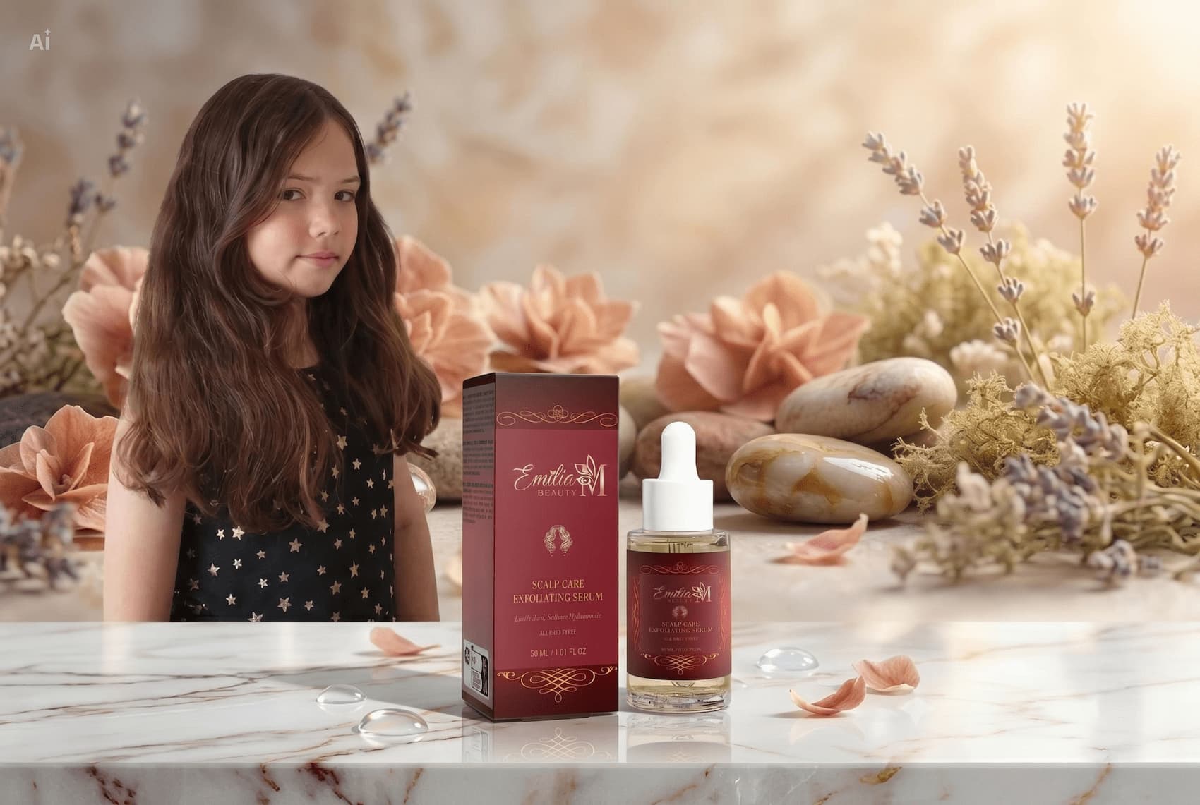 Emilia M Beauty Scalp Care Exfoliating Serum — burgundy dropper bottle and box on marble surface with lavender and roses