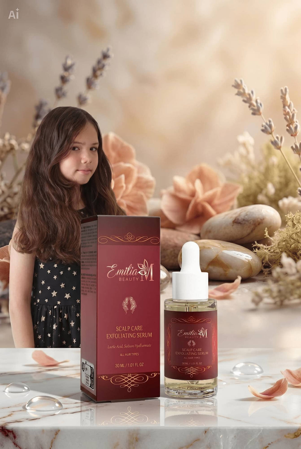 Emilia M Beauty Scalp Care Exfoliating Serum bottle and packaging on marble with floral background