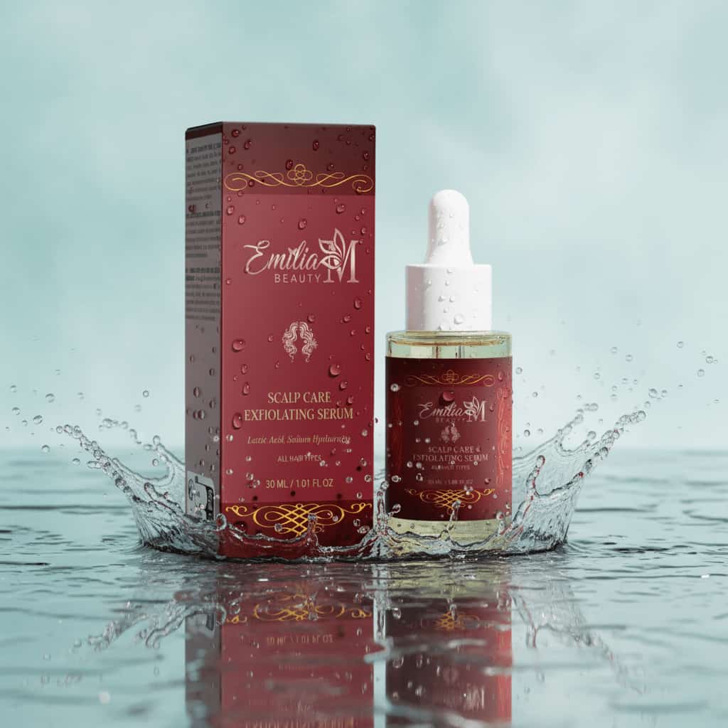 Emilia M Beauty Scalp Care Exfoliating Serum dropper bottle with water droplets, hydrating scalp treatment 30ml