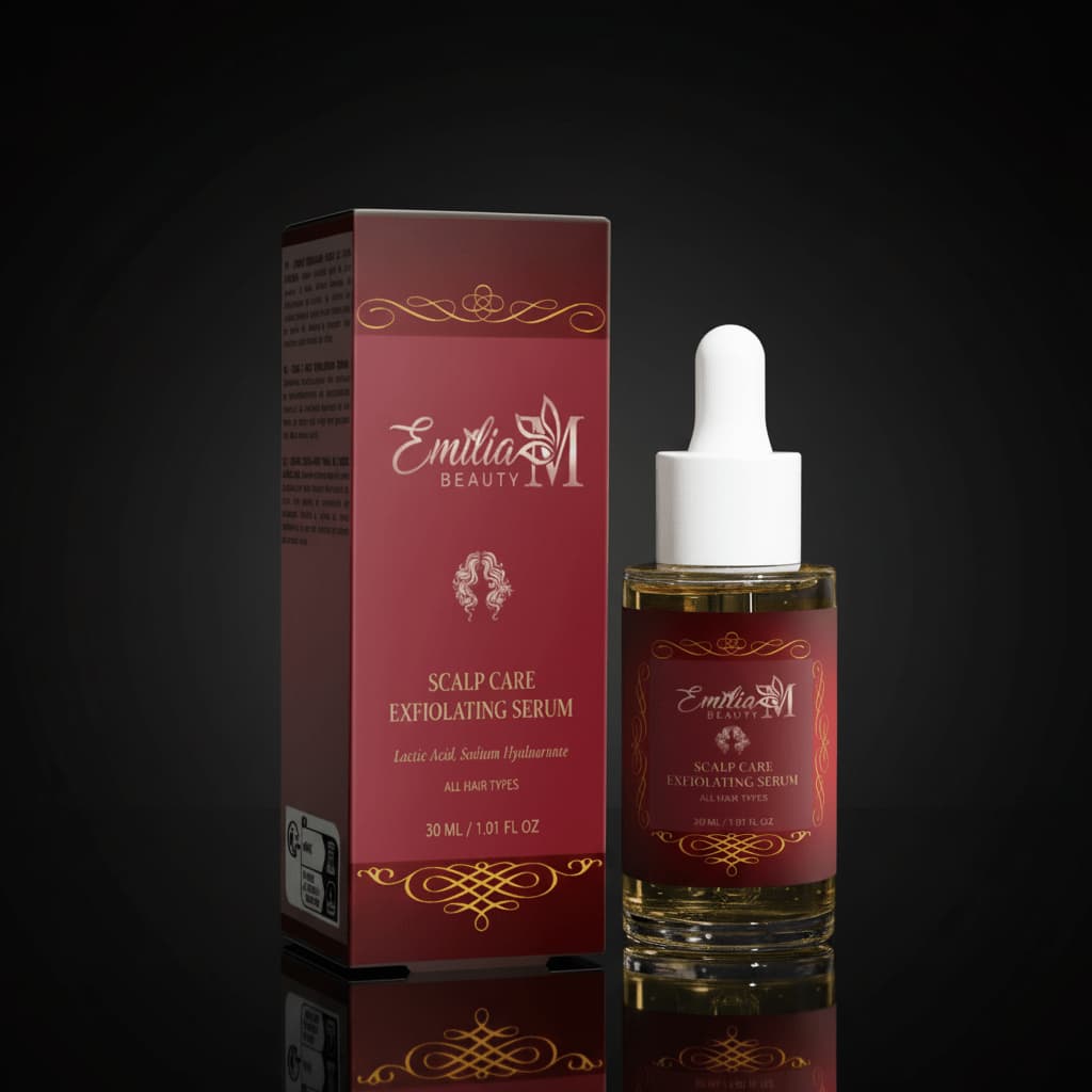 Emilia M Beauty Scalp Care Exfoliating Serum premium luxury packaging on dark background with gold lighting