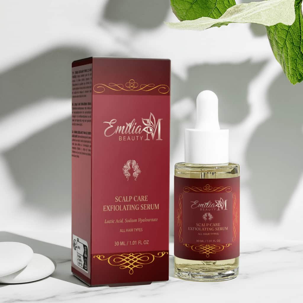 Emilia M Beauty Scalp Care Exfoliating Serum 30ml — glass dropper bottle and burgundy box on white marble surface