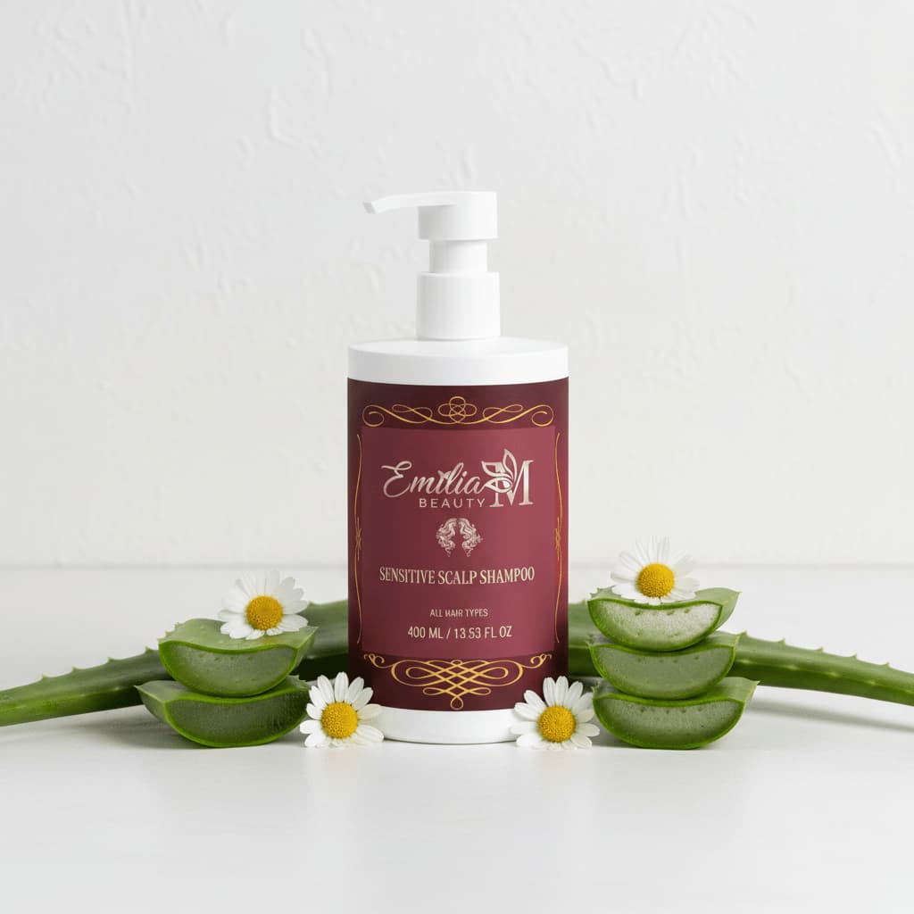 Emilia M Beauty Sensitive Scalp Shampoo 400ml with fresh aloe vera and chamomile flowers, gentle soothing formula