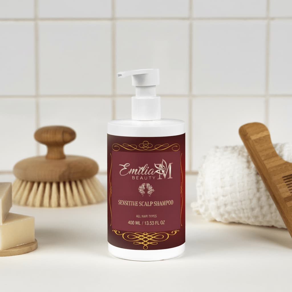 Emilia M Beauty Sensitive Scalp Shampoo 400ml in elegant bathroom spa setting with wooden brush, comb and white towel