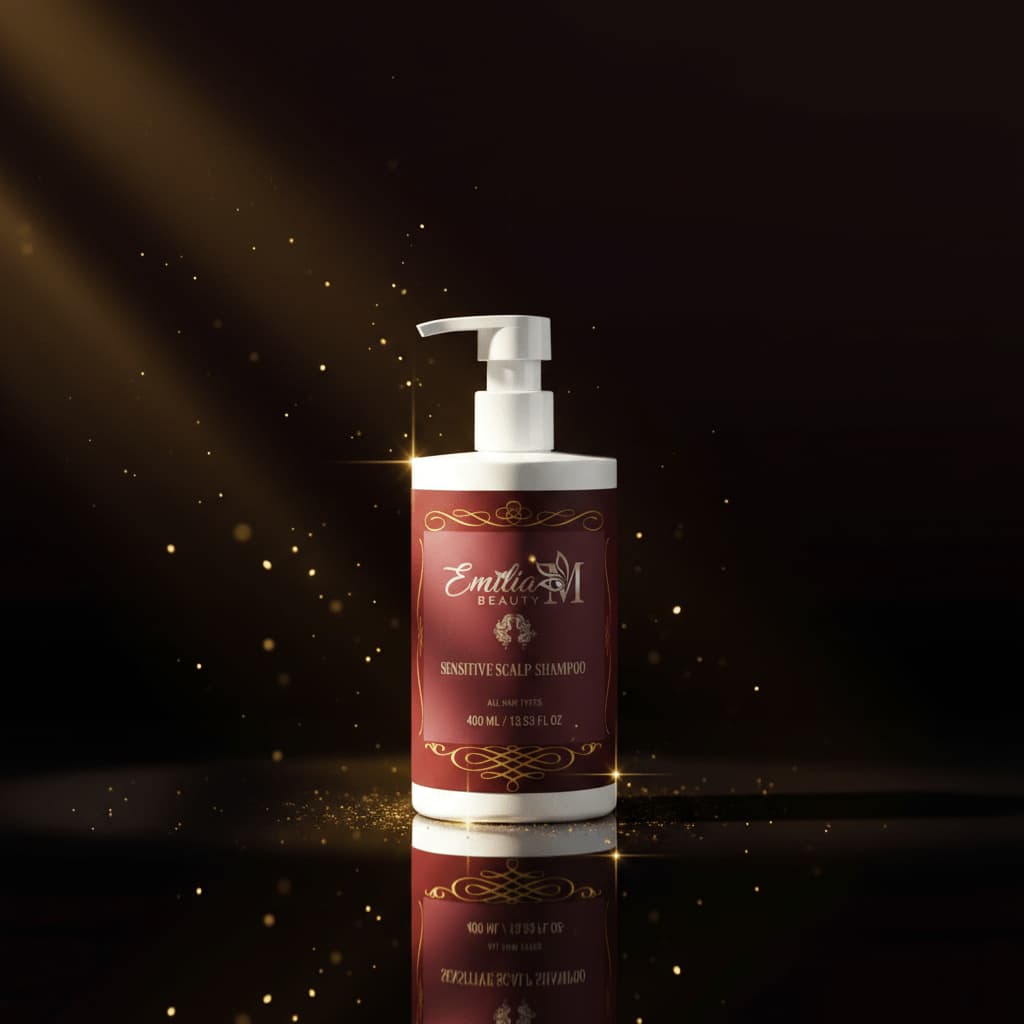 Emilia M Beauty Sensitive Scalp Shampoo 400ml dramatic dark luxury background with gold lighting