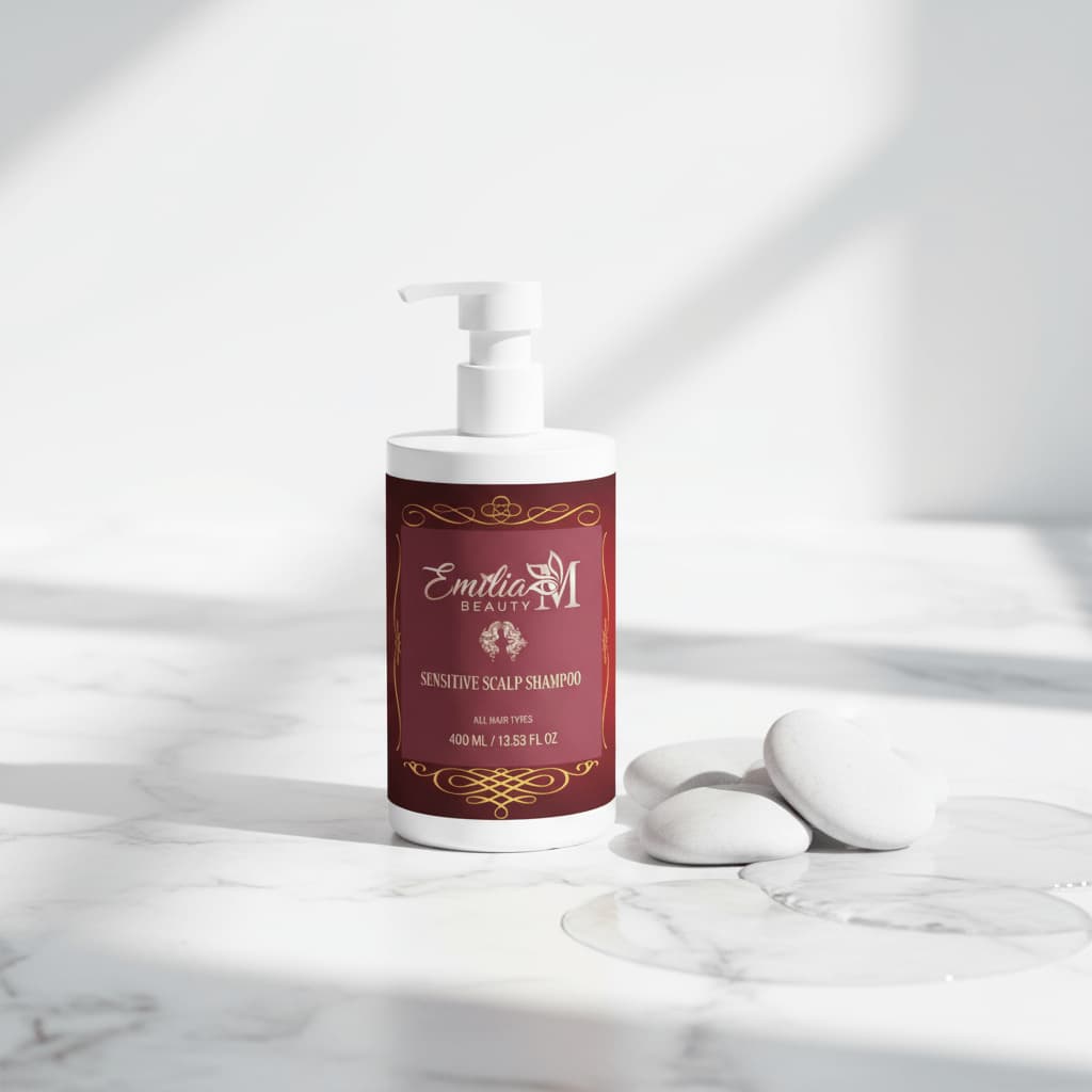 Emilia M Beauty Sensitive Scalp Shampoo 400ml on white marble surface with spa stones, all hair types