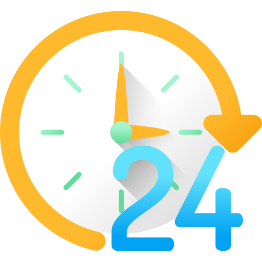 Emilia M Beauty support Clock icon with a yellow circle and blue '24' on a white background