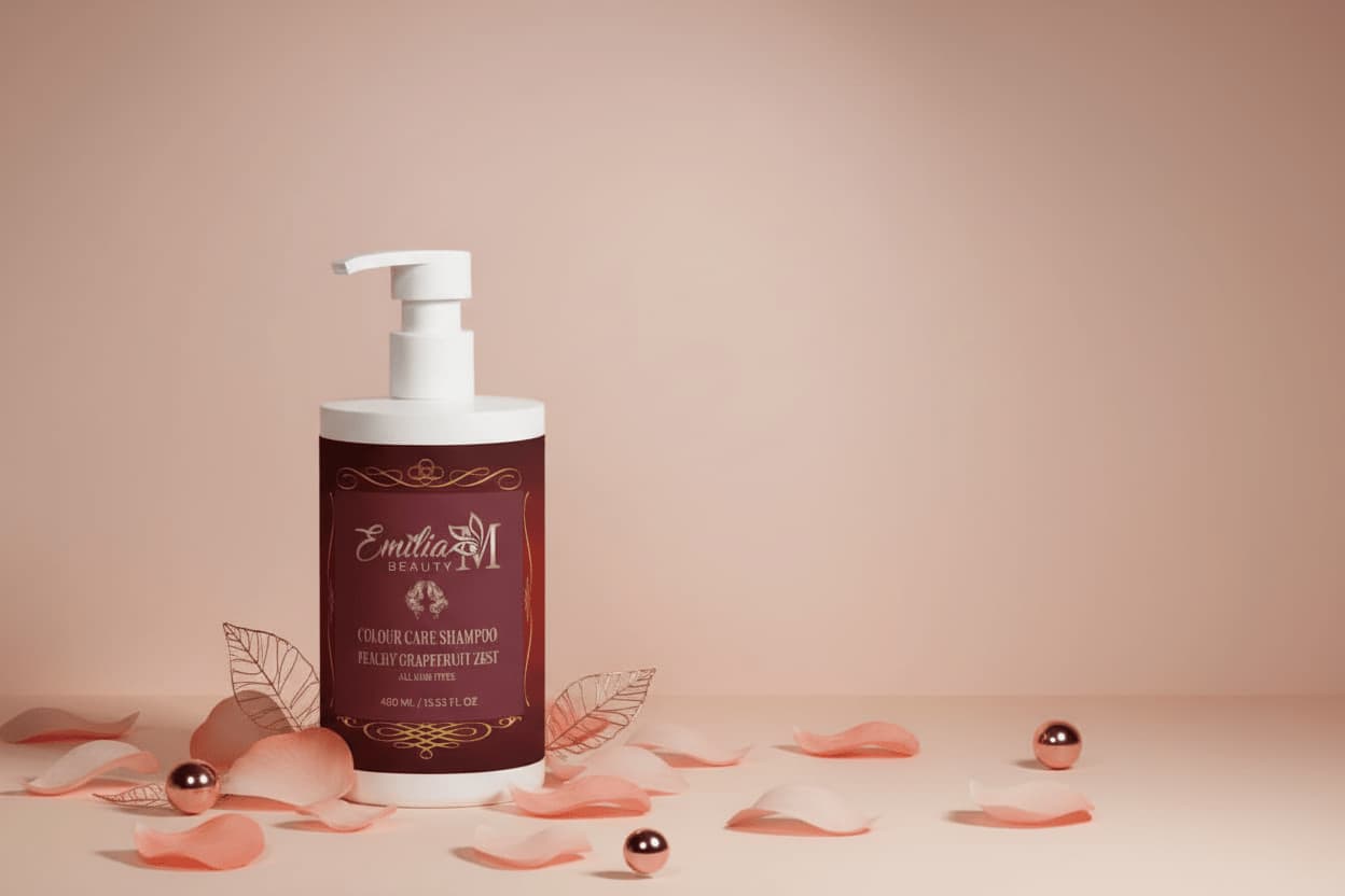 Emilia M Beauty Colour Care Shampoo Peachy Grapefruit Zest pump bottle on the left with blush rose petals on warm peach surface – colour protecting shampoo for all hair types, 400ml