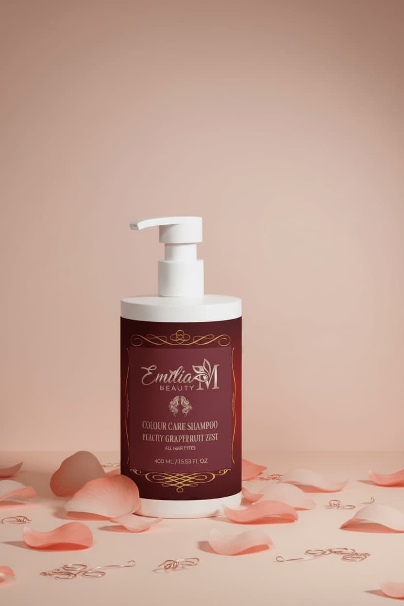 Emilia M Beauty Colour Care Shampoo Peachy Grapefruit Zest bottle on the left surrounded by soft pink petals – premium colour care shampoo for all hair types, 400ml