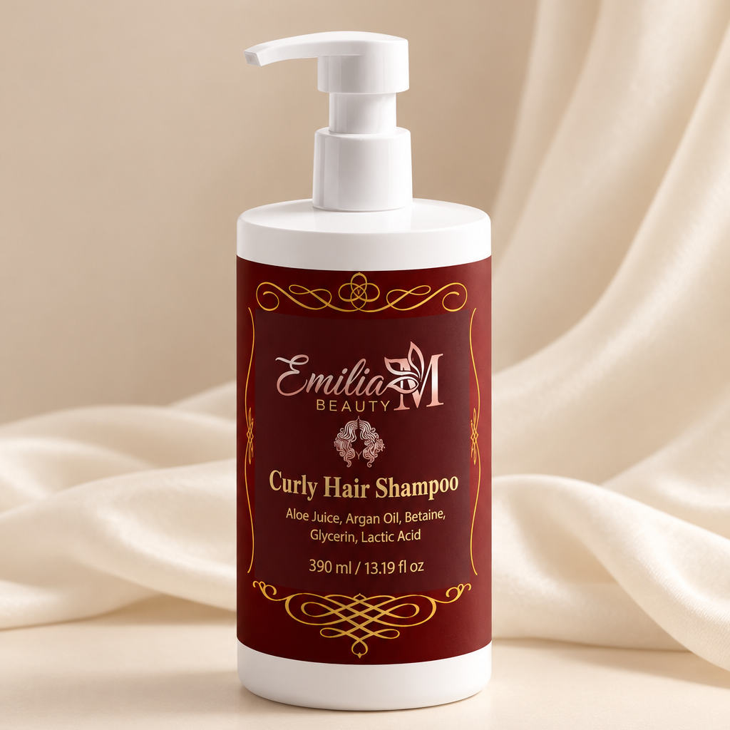 Emilia M Beauty Curly Hair Shampoo bottle styled against soft ivory fabric