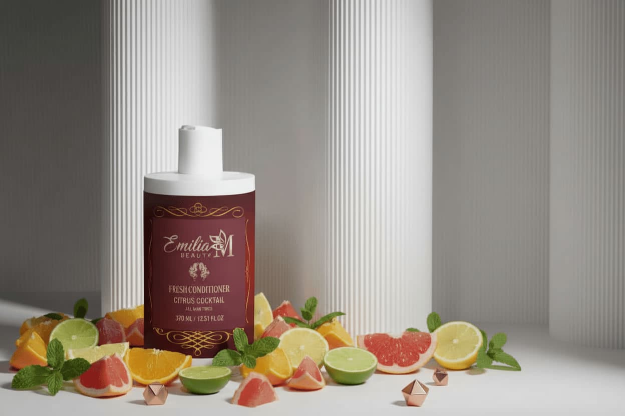 Emilia M Beauty Fresh Conditioner Citrus Cocktail pump bottle on the left with fresh orange, grapefruit, lime and mint – refreshing conditioner for all hair types, 370ml