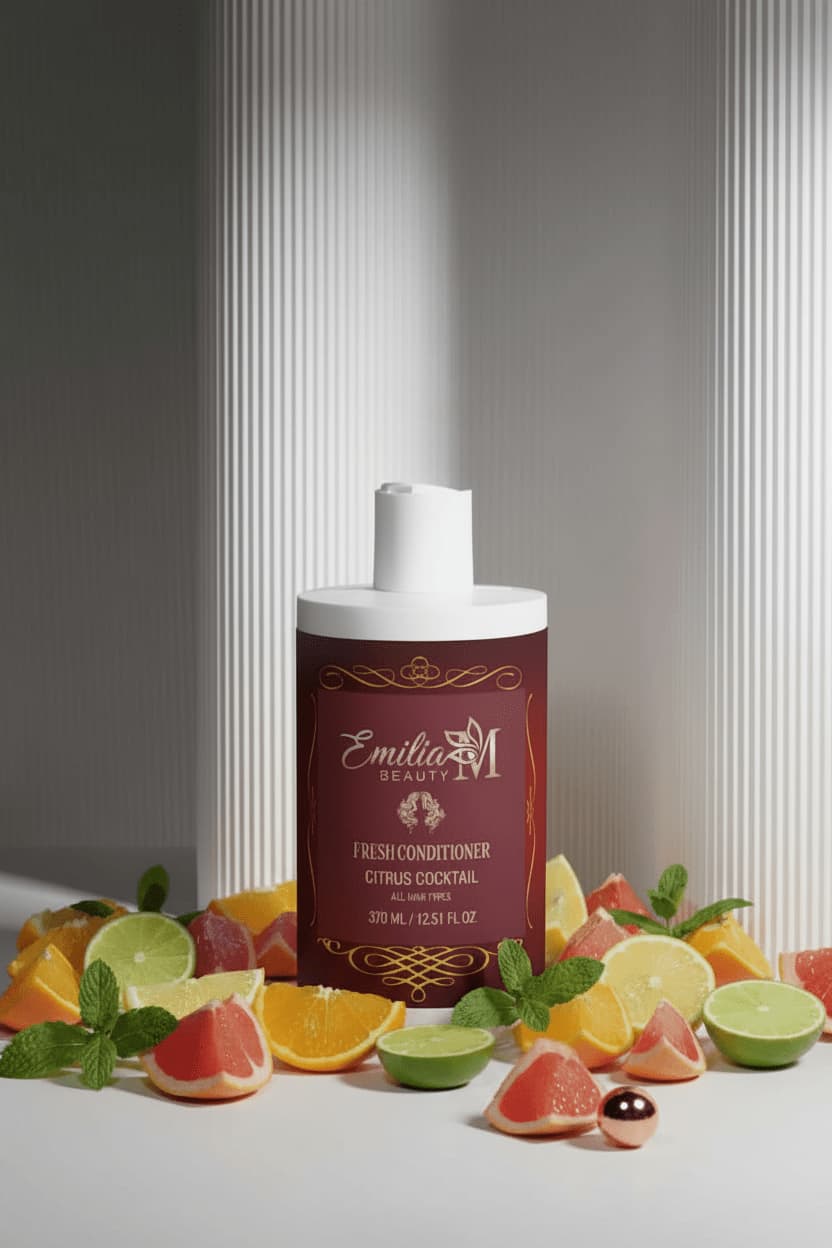 Emilia M Beauty Fresh Conditioner Citrus Cocktail bottle on the left surrounded by citrus fruits and mint leaves – premium fresh conditioner for all hair types, 370ml