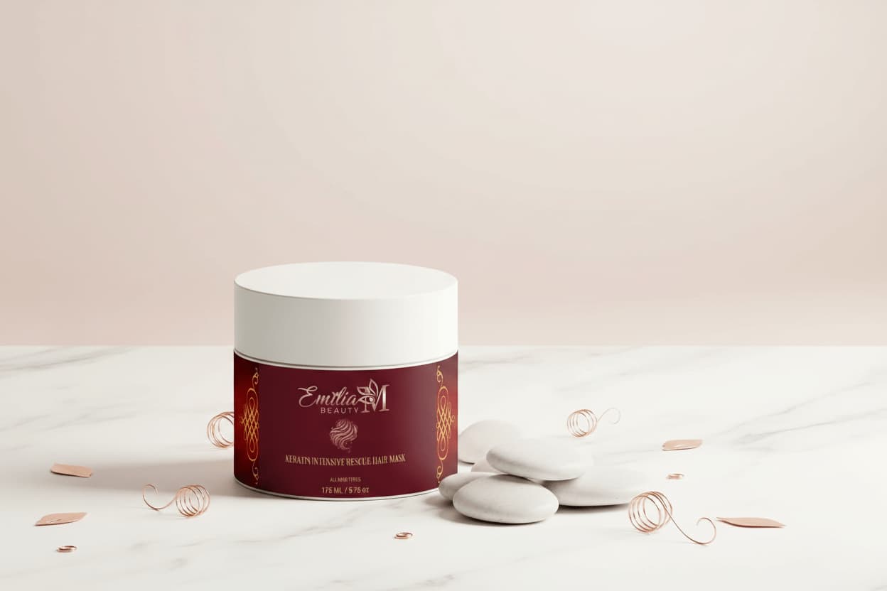 Emilia M Beauty Keratin Intensive Rescue Hair Mask jar on marble surface with white spa stones – luxury hair care treatment for all hair types