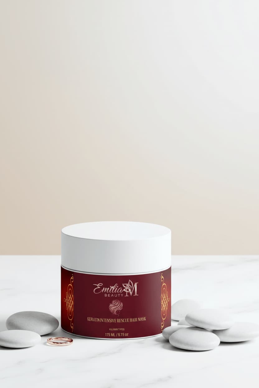 Emilia M Beauty Keratin Intensive Rescue Hair Mask in elegant spa setting on marble – intensive keratin treatment for all hair types, 175ml