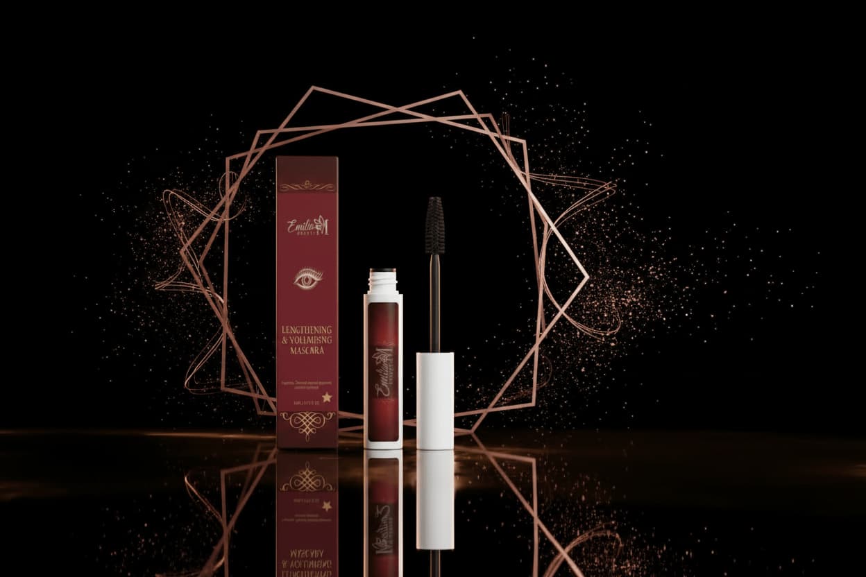 Emilia M Beauty Lengthening and Volumising Mascara tube with wand and packaging box on the left against dark dramatic background – premium mascara for longer and fuller lashes, 6ml