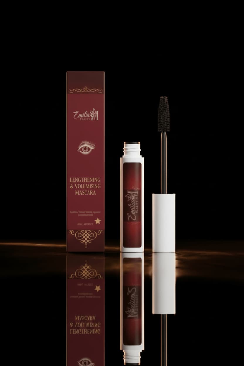 Emilia M Beauty Lengthening and Volumising Mascara with open wand and box on the left with golden light reflections – luxury mascara for dramatic lash volume and length, 6ml