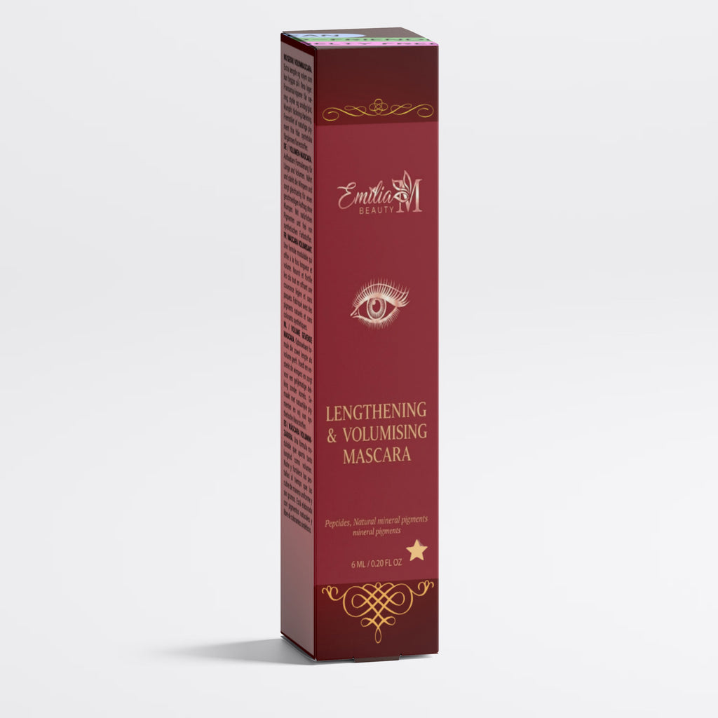 Emilia M Beauty Lengthening & Volumising Mascara, in a dark burgundy shade with elegant gold decorative accents and text set against a clean, white background.