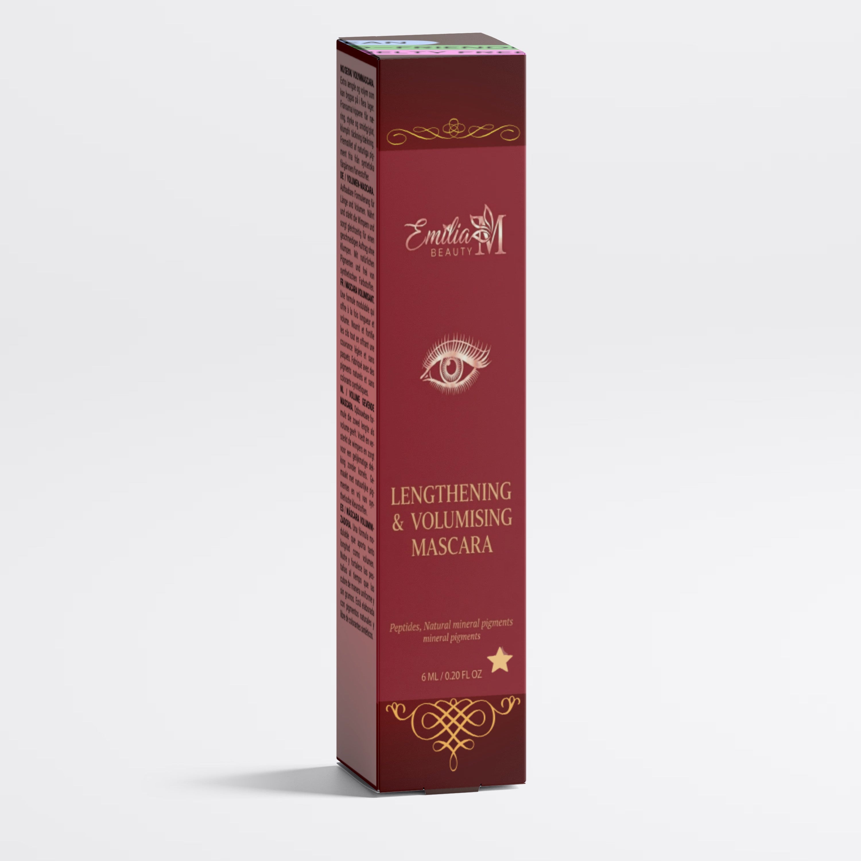 Emilia M Beauty Lengthening & Volumising Mascara, in a dark burgundy shade with elegant gold decorative accents and text set against a clean, white background.