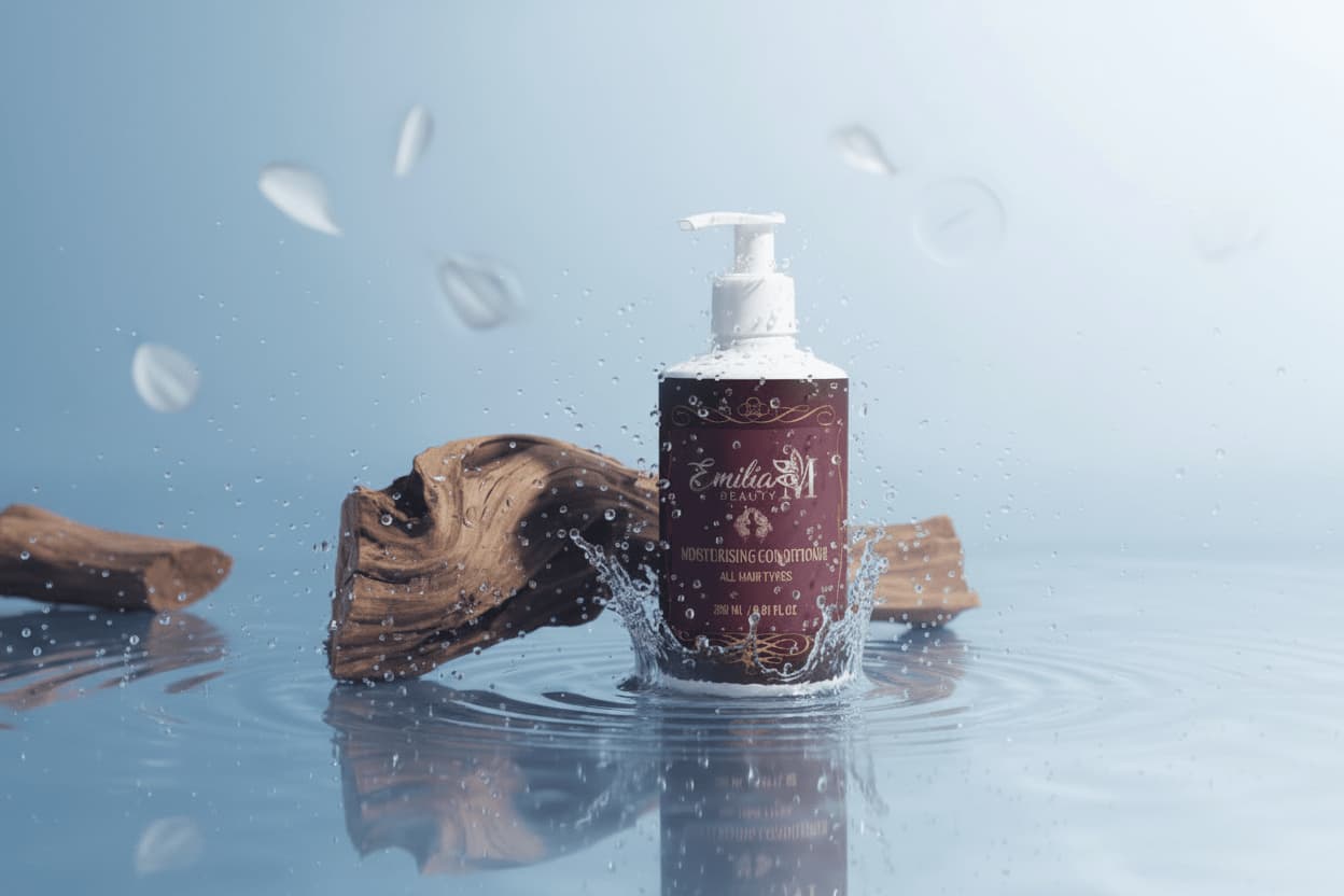 Emilia M Beauty Moisturising Conditioner pump bottle on the right with water splash and floating petals – hydrating conditioner for all hair types, 290ml