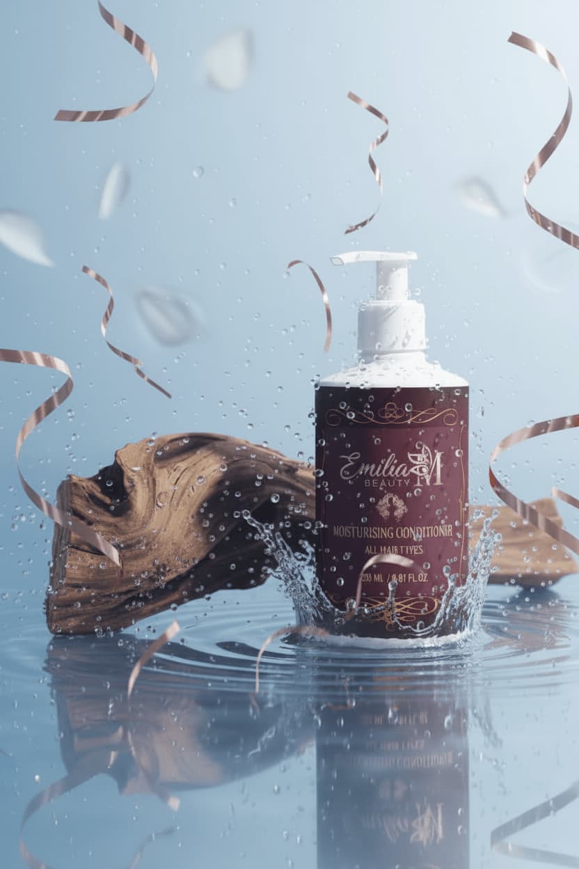 Emilia M Beauty Moisturising Conditioner bottle on the right with dynamic water droplets and white petals – premium moisturising conditioner for all hair types, 290ml
