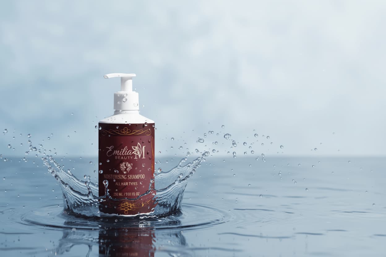 Emilia M Beauty Moisturising Shampoo pump bottle on the left with dynamic water splash – hydrating shampoo for all hair types, 290ml