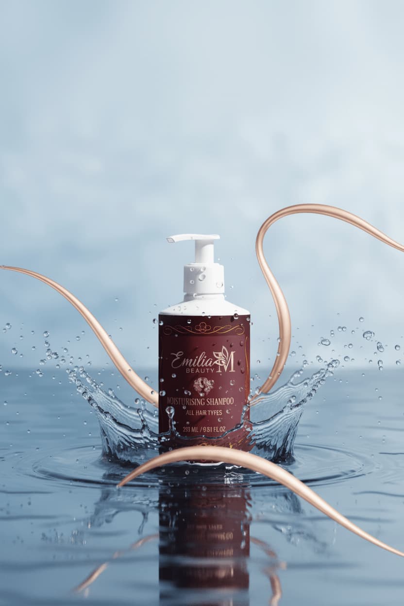 Emilia M Beauty Moisturising Shampoo bottle with water droplets and splash effect – premium moisturising shampoo for all hair types, 290ml