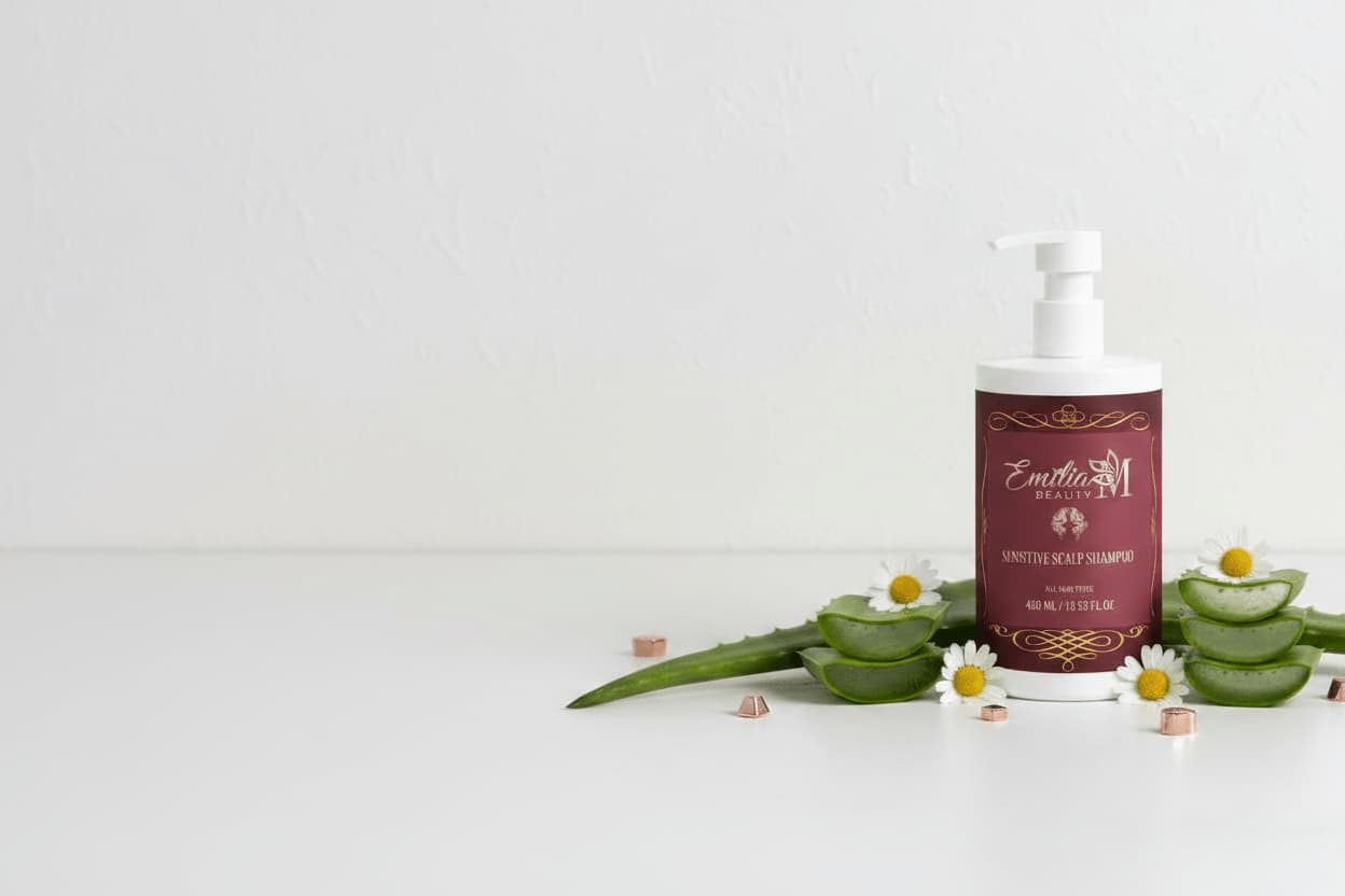 Emilia M Beauty Sensitive Scalp Shampoo pump bottle on the right with fresh aloe vera and chamomile flowers – gentle shampoo for sensitive scalp and all hair types, 400ml