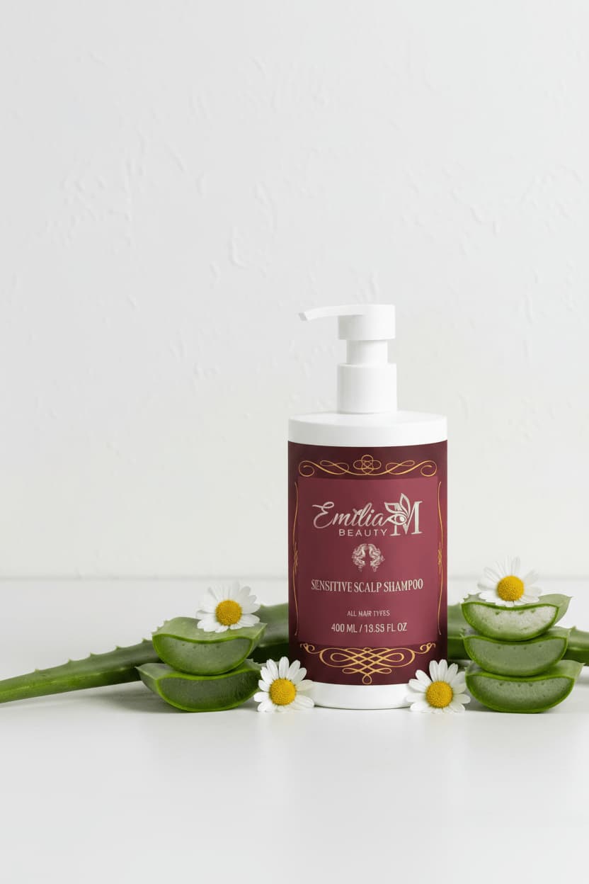 Emilia M Beauty Sensitive Scalp Shampoo bottle on the right surrounded by aloe vera slices and white daisy chamomile – premium sensitive scalp shampoo for all hair types, 400ml
