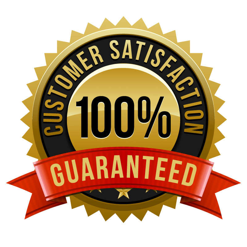 Emilia M Beauty Gold and black badge with 'Customer Satisfaction 100% Guaranteed' text on a white background
