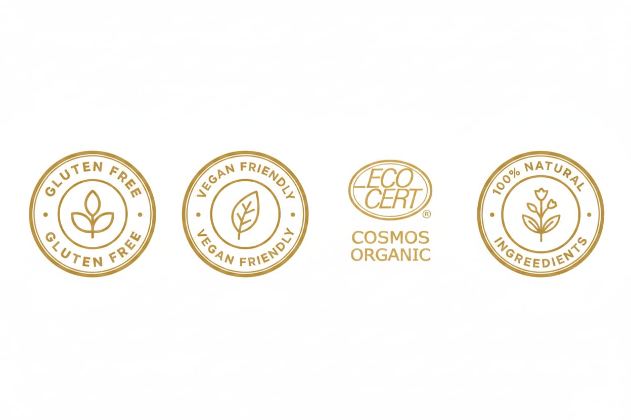 Emilia M Beauty Set of organic and vegan certification logos on a white background