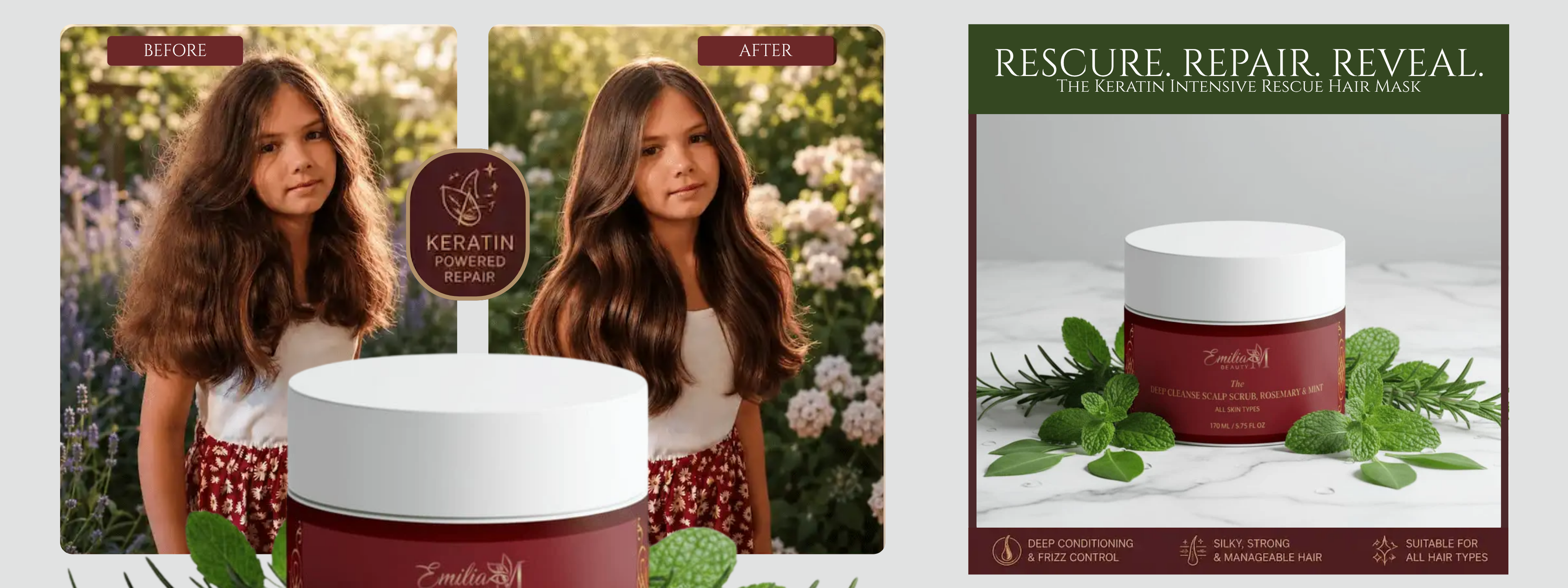 Before and after comparison of hair with Keratin treatment and product packaging.
