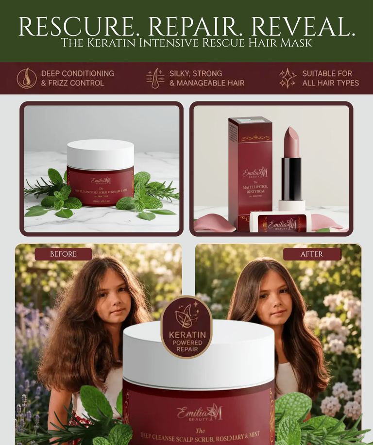 Keratin intensive rescue hair mask with before and after effects on hair, surrounded by product packaging and branding.