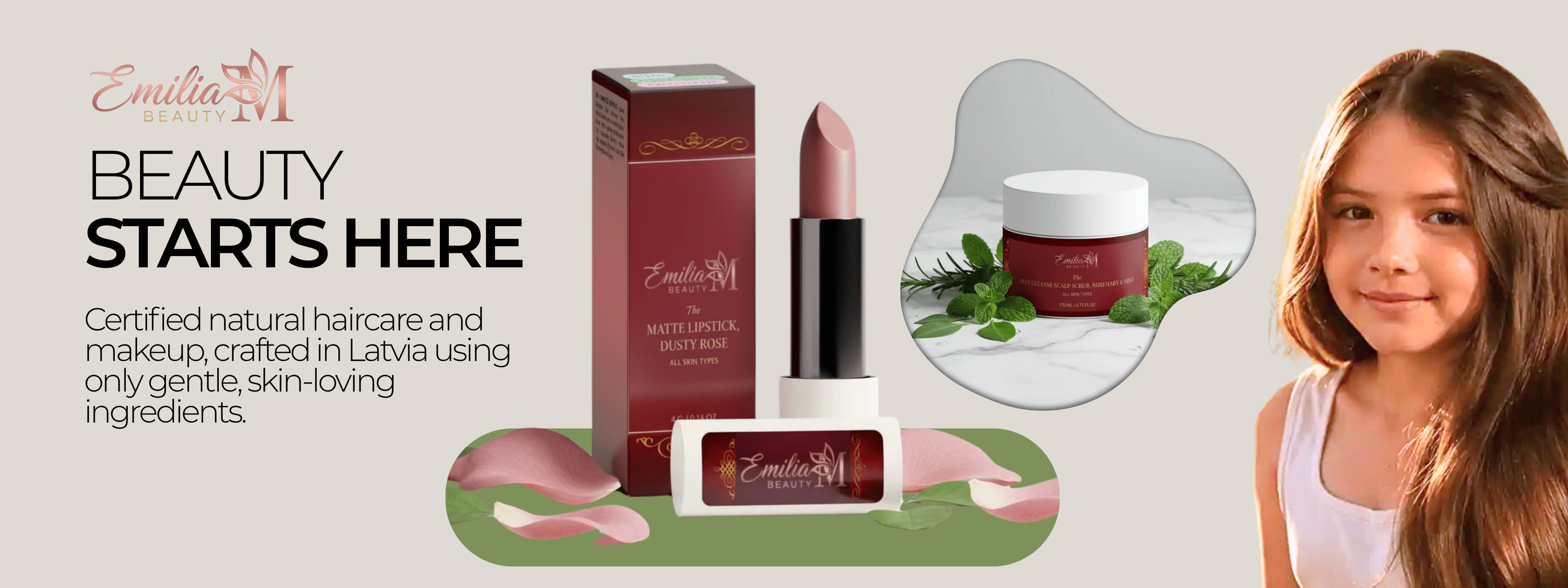 Emilia M Beauty products with a girl and text about natural haircare and makeup.