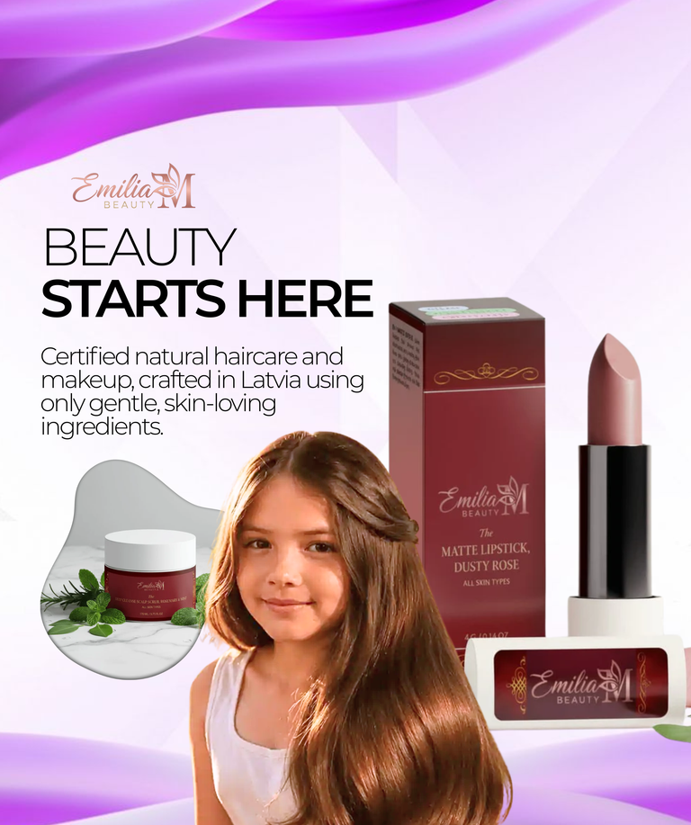 Emilia M Beauty products including lipstick, cream, and packaging with a young girl and text about natural haircare and makeup.