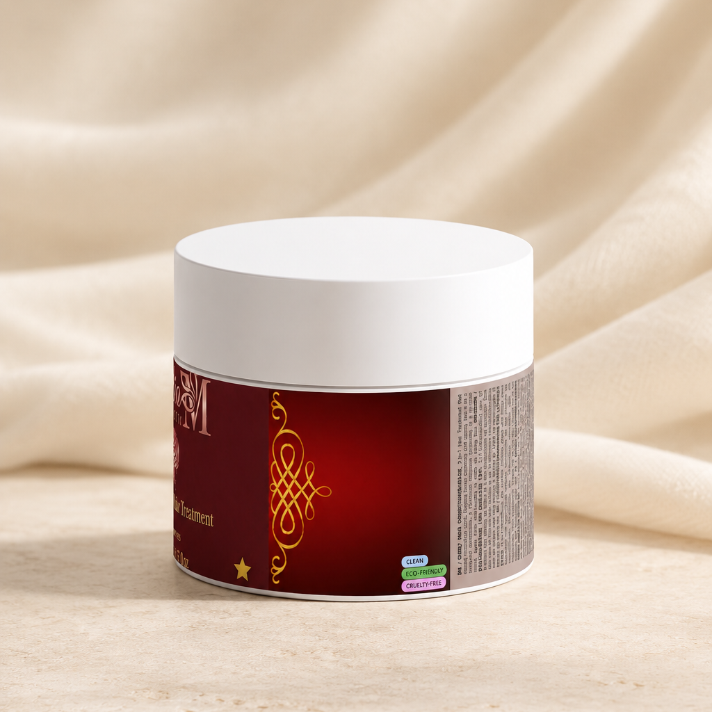 Back label of the Emilia M Beauty 3-in-1 Curly Hair Treatment jar