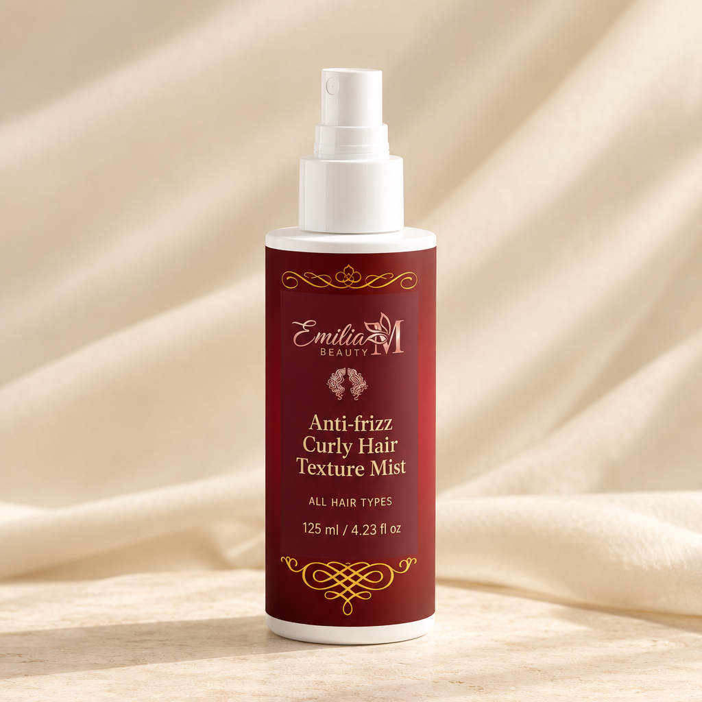 Front view of the Emilia M Beauty Anti-frizz Curly Hair Texture Mist 125 ml spray bottle