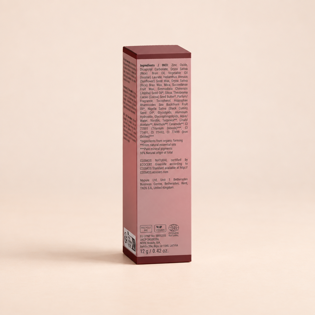 Back of Emilia M Beauty Color Correcting Ceramide Stick 35 Deep packaging with product information