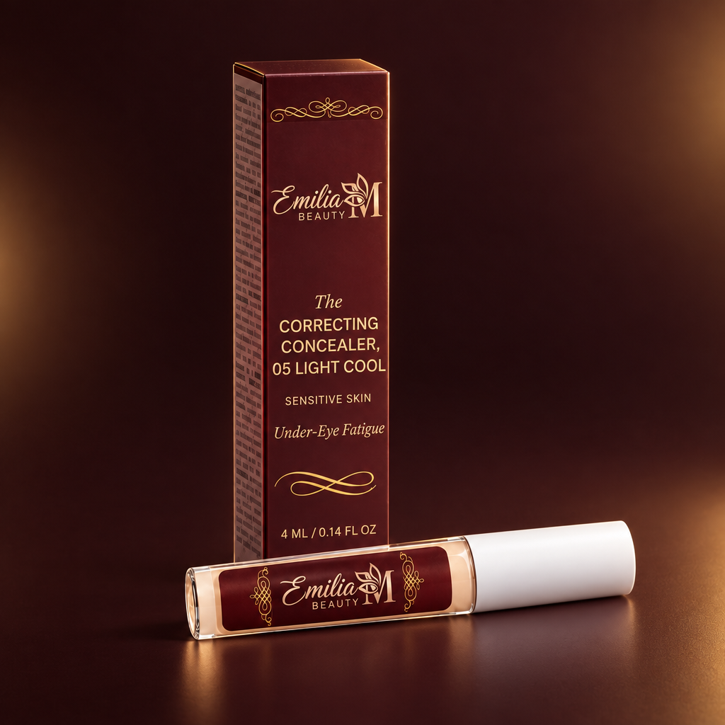 Emilia M Beauty Correcting Concealer 05 Light Cool against a deep burgundy background