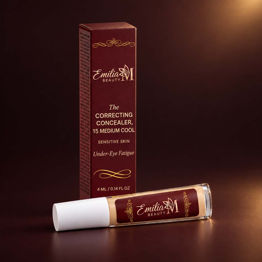 Emilia M Beauty Correcting Concealer 15 Medium Cool against a deep burgundy background