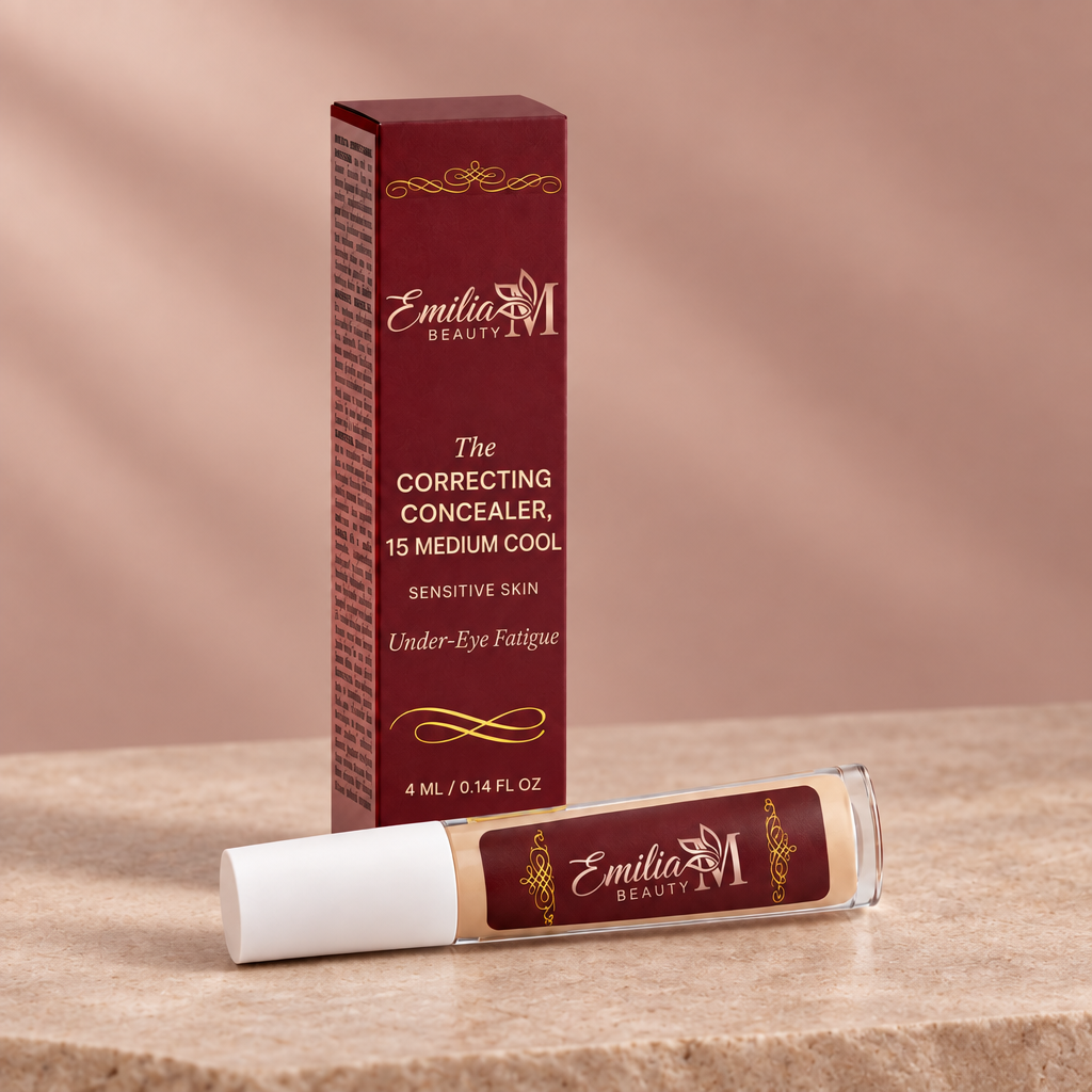 Emilia M Beauty Correcting Concealer 15 Medium Cool on a soft pink beige background