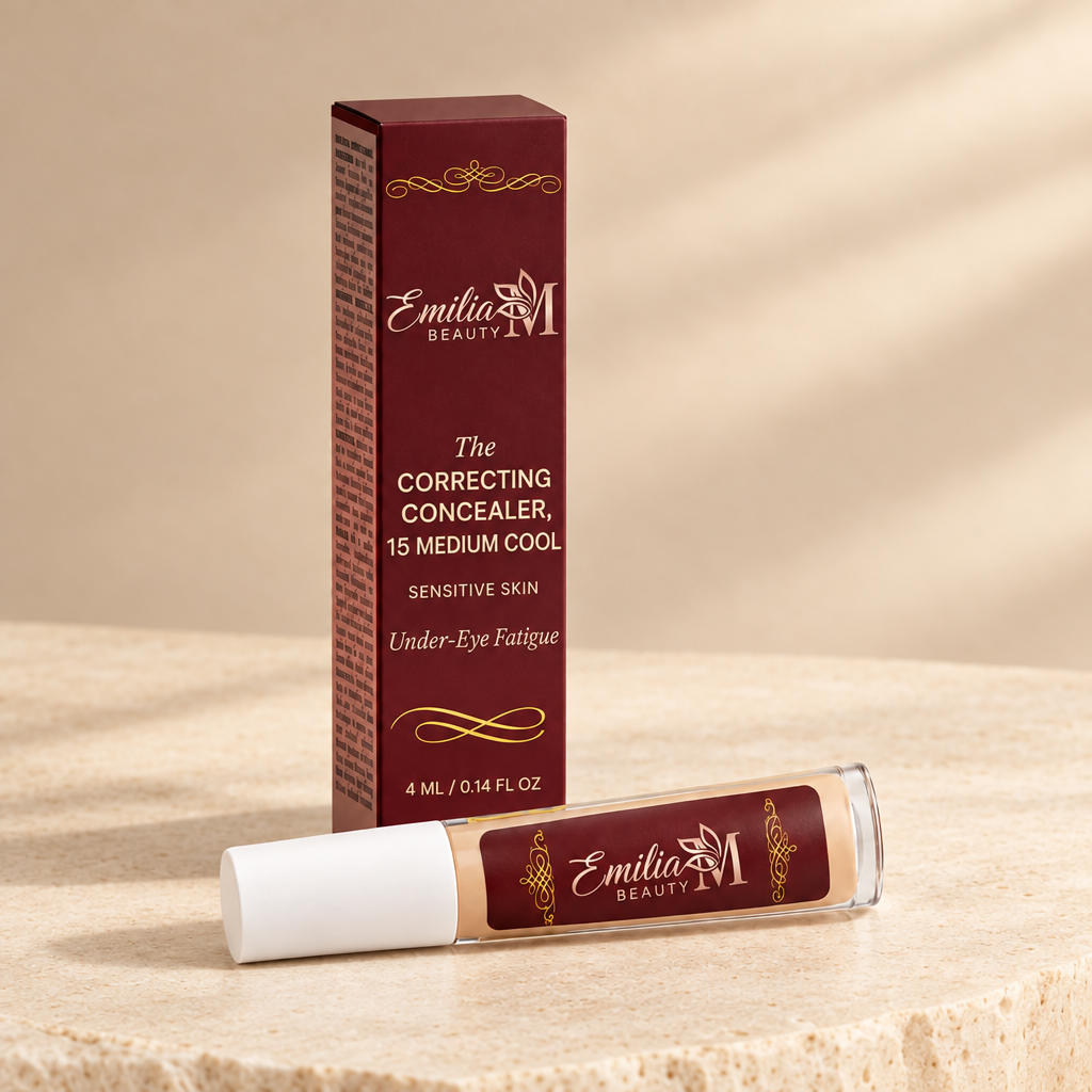 Emilia M Beauty Correcting Concealer 15 Medium Cool on a warm stone background
