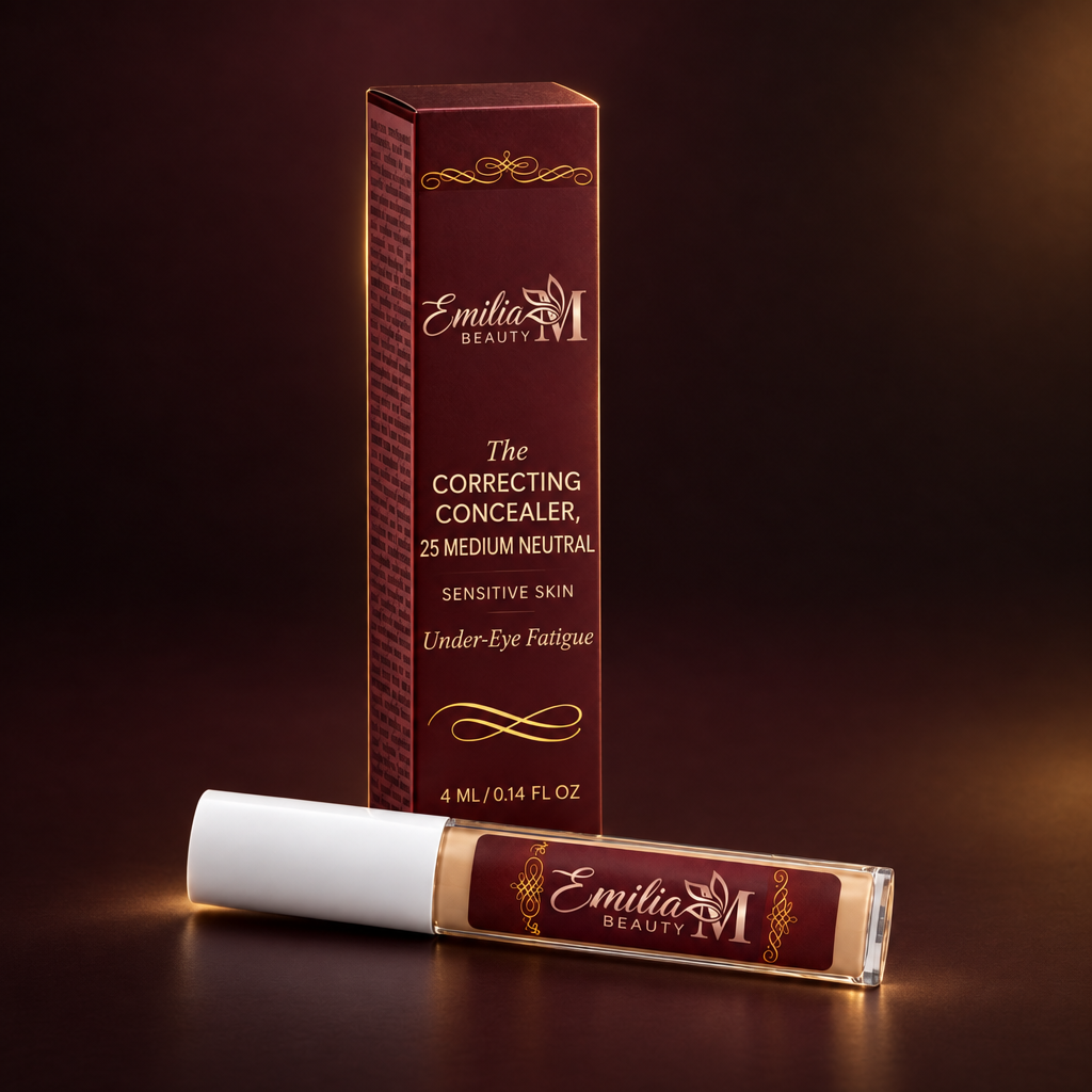 Emilia M Beauty Correcting Concealer 25 Medium Neutral against a deep burgundy background