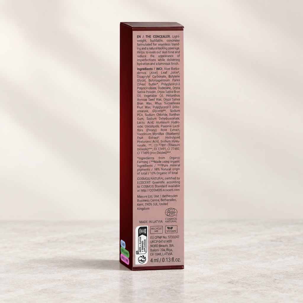 Back of Emilia M Beauty Correcting Concealer 25 Medium Neutral packaging showing product information