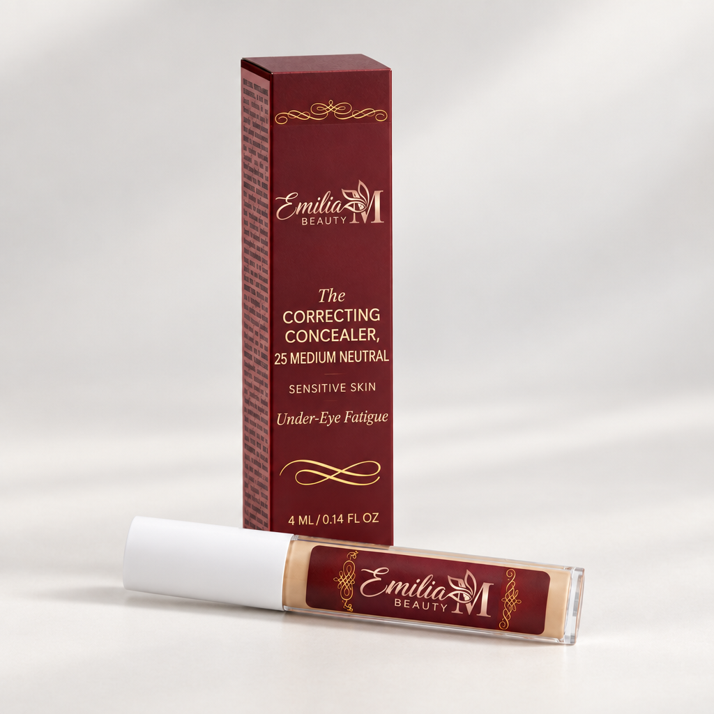 Emilia M Beauty Correcting Concealer 25 Medium Neutral against a light pearl grey background